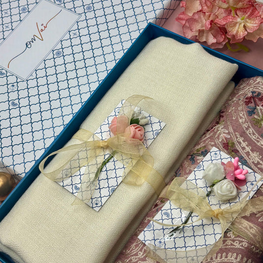 OMVAI Embroidery Pashmina Combo Gift Set in Pure Cashmere wool - Natural Sand Embroidered Stole with Ivory Green Solid Stole (Set of 2 - For HIM and for HER)