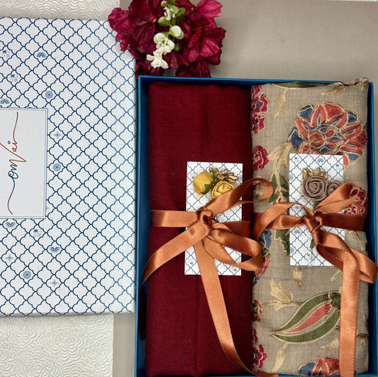 OMVAI Embroidery Pashmina Combo Gift Set in Pure Cashmere wool - Natural Embroidered Stole with Red Solid Stole (Set of 2 - For HIM and for HER)