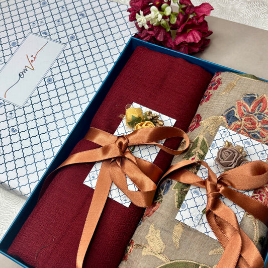 OMVAI Embroidery Pashmina Combo Gift Set in Pure Cashmere wool - Natural Embroidered Stole with Red Solid Stole (Set of 2 - For HIM and for HER)