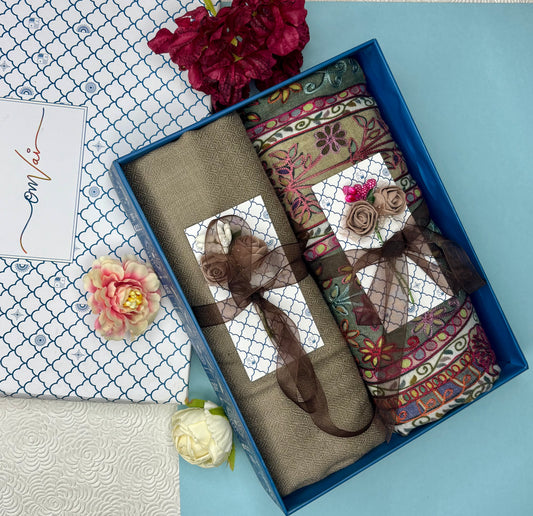 OMVAI Pashmina Combo Gift Set in Pure Cashmere wool - Natural Sand Kalamkari Kani with Embroidery and solid (Set of 2 - For HIM and for HER)