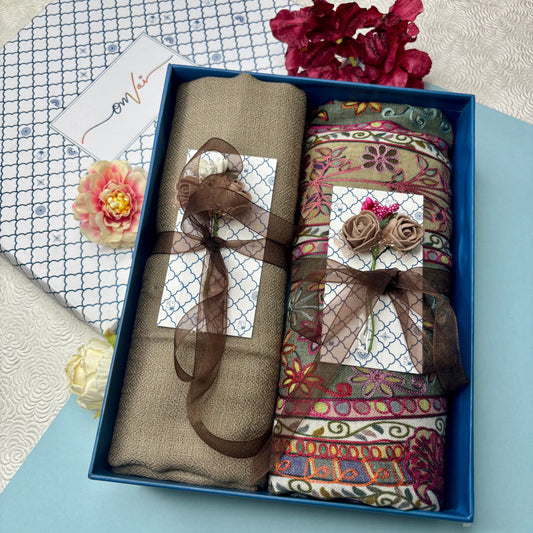 OMVAI Pashmina Combo Gift Set in Pure Cashmere wool - Natural Sand Kalamkari Kani with Embroidery and solid (Set of 2 - For HIM and for HER)