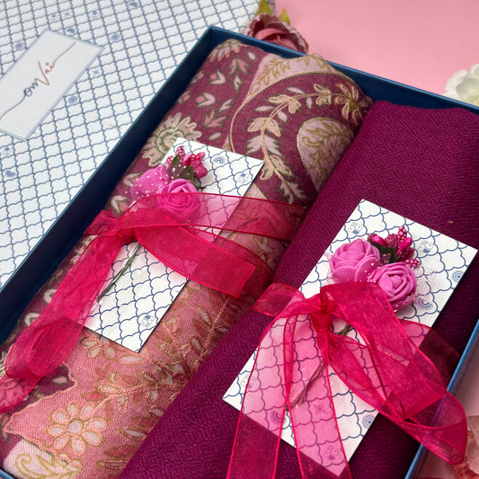 OMVAI Pashmina Combo Gift Set in Pure Cashmere wool - Mauve  Kalamkari Kani with Embroidery and solid (Set of 2 - For HIM and for HER)