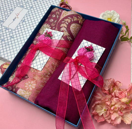 OMVAI Pashmina Combo Gift Set in Pure Cashmere wool - Mauve  Kalamkari Kani with Embroidery and solid (Set of 2 - For HIM and for HER)