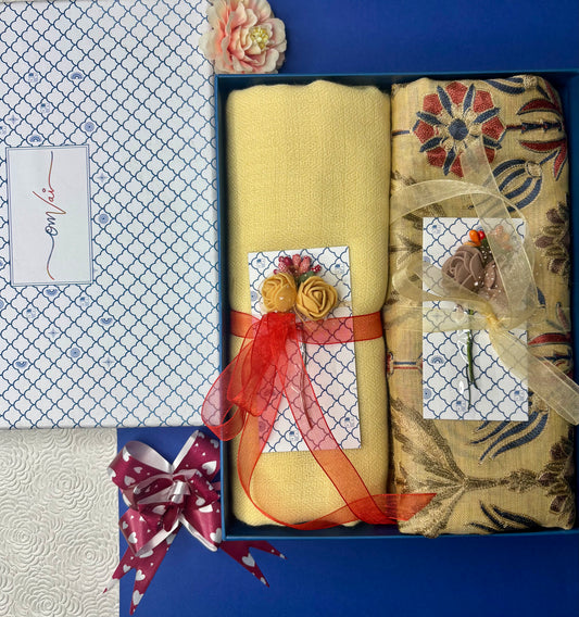 OMVAI Embroidery Pashmina Combo Gift Set in Pure Cashmere wool - Buttercup Yellow Embroidered Stole with Buttercup Yellow Solid Stole (Set of 2 - For HIM and for HER)