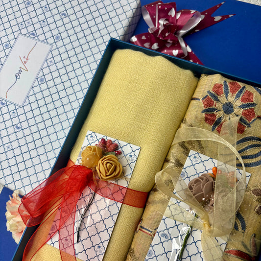 OMVAI Embroidery Pashmina Combo Gift Set in Pure Cashmere wool - Buttercup Yellow Embroidered Stole with Buttercup Yellow Solid Stole (Set of 2 - For HIM and for HER)