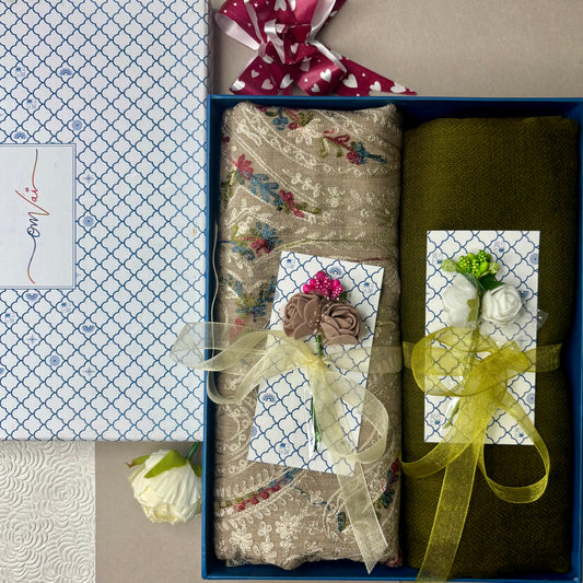 OMVAI Embroidery Pashmina Combo Gift Set in Pure Cashmere wool - Natural Sand Embroidered Stole with Sage Green Solid Stole (Set of 2 - For HIM and for HER)