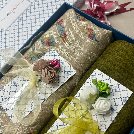 OMVAI Embroidery Pashmina Combo Gift Set in Pure Cashmere wool - Natural Sand Embroidered Stole with Sage Green Solid Stole (Set of 2 - For HIM and for HER)