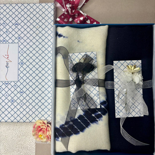 OMVAI Hand Block Tie Dye stole Combo Gift Set in Pure Cashmere wool with Blue Solid Stole (Set of  2 - For HIM and for HER)