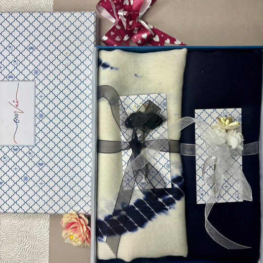 OMVAI Hand Block Tie Dye stole Combo Gift Set in Pure Cashmere wool with Blue Solid Stole (Set of  2 - For HIM and for HER)