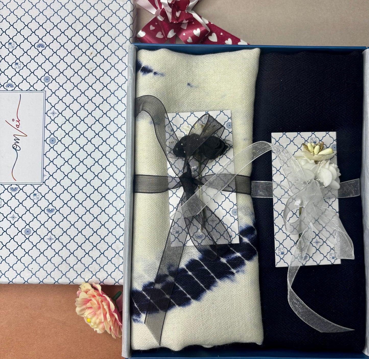 OMVAI Hand Block Tie Dye stole Combo Gift Set in Pure Cashmere wool with Blue Solid Stole (Set of 2 - For HIM and for HER)