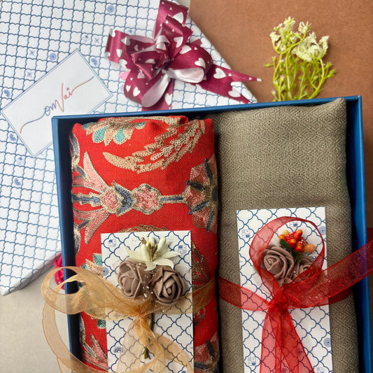 OMVAI Embroidery Pashmina Combo Gift Set in Pure Cashmere wool - Crimson Red Embroidered Stole with Sand shell Solid Stole (Set of 2 - For HIM and for HER)