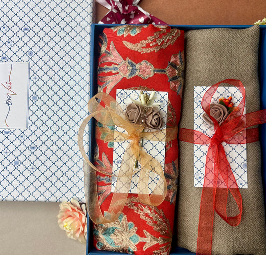 OMVAI Embroidery Pashmina Combo Gift Set in Pure Cashmere wool - Crimson Red Embroidered Stole with Sand shell Solid Stole (Set of 2 - For HIM and for HER)