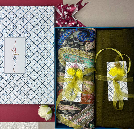 OMVAI Pashmina Combo Gift Set in Pure Cashmere wool - Sage Green Kalamkari Kani with Embroidery and solid (Set of 2 - For HIM and for HER)