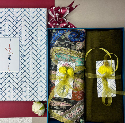 OMVAI Pashmina Combo Gift Set in Pure Cashmere wool - Sage Green Kalamkari Kani with Embroidery and solid (Set of 2 - For HIM and for HER)