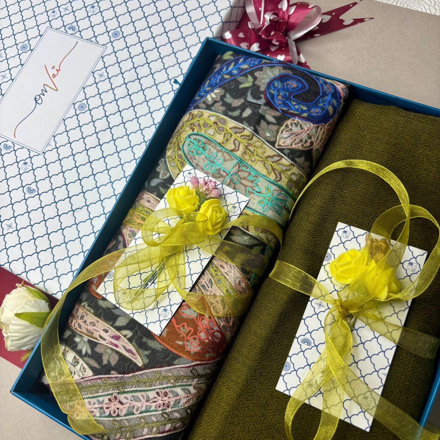 OMVAI Pashmina Combo Gift Set in Pure Cashmere wool - Sage Green Kalamkari Kani with Embroidery and solid (Set of 2 - For HIM and for HER)