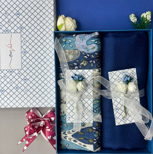 OMVAI Pashmina Combo Gift Set in Pure Cashmere wool - Steel Blue Kalamkari Kani with Embroidery and solid (Set of 2 - For HIM and for HER)
