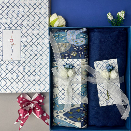 OMVAI Pashmina Combo Gift Set in Pure Cashmere wool - Steel Blue Kalamkari Kani with Embroidery and solid (Set of 2 - For HIM and for HER)