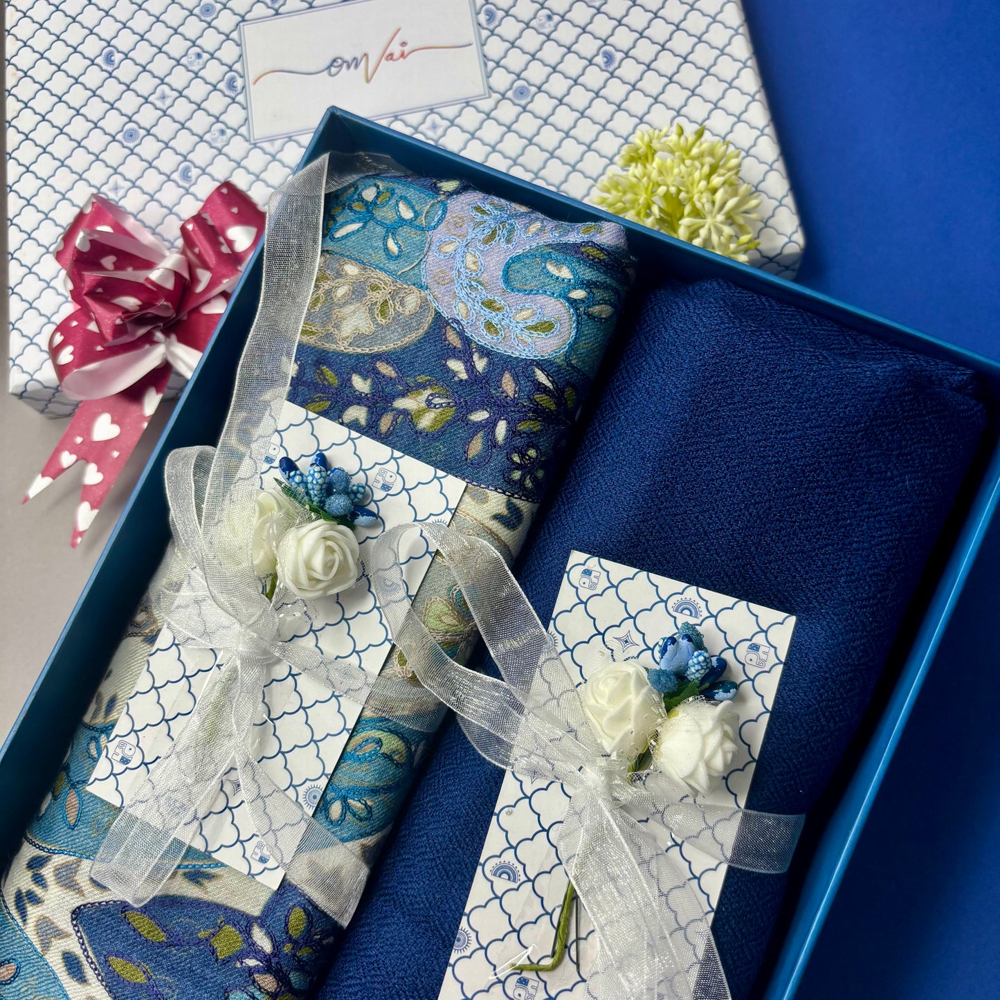 OMVAI Pashmina Combo Gift Set in Pure Cashmere wool - Steel Blue Kalamkari Kani with Embroidery and solid (Set of 2 - For HIM and for HER)