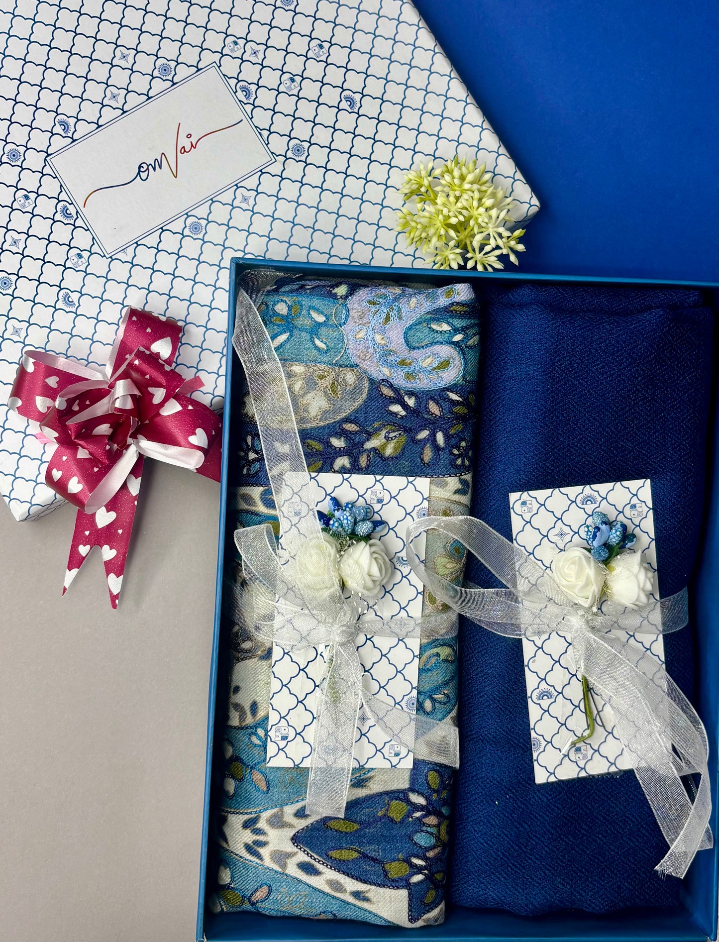 OMVAI Pashmina Combo Gift Set in Pure Cashmere wool - Steel Blue Kalamkari Kani with Embroidery and solid (Set of 2 - For HIM and for HER)