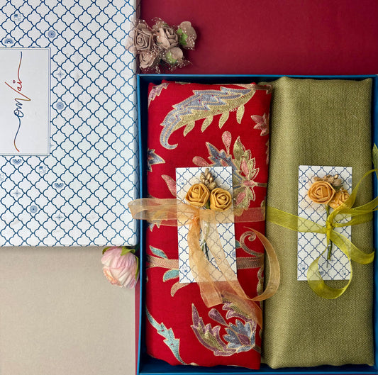 OMVAI Embroidery Pashmina Combo Gift Set in Pure Cashmere wool - Crimson Red Embroidered Stole with Sage Green Solid Stole (Set of 2 - For HIM and for HER)