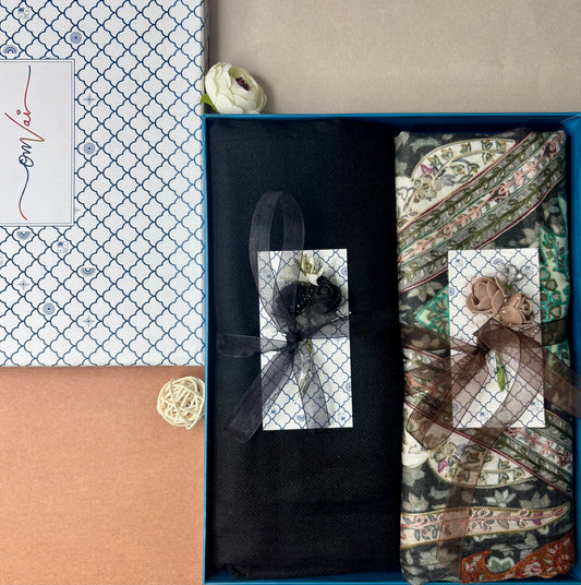 OMVAI Pashmina Combo Gift Set in Pure Cashmere wool - Black Kalamkari Kani with Embroidery and solid (Set of 2 - For HIM and for HER)