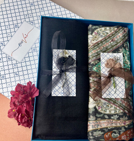 OMVAI Pashmina Combo Gift Set in Pure Cashmere wool - Black Kalamkari Kani with Embroidery and solid (Set of 2 - For HIM and for HER)