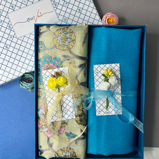OMVAI Embroidery Pashmina Combo Gift Set in Pure Cashmere wool - Artichoke Embroidered Stole with Powder Blue Solid Stole (Set of 2 - For HIM and for HER)