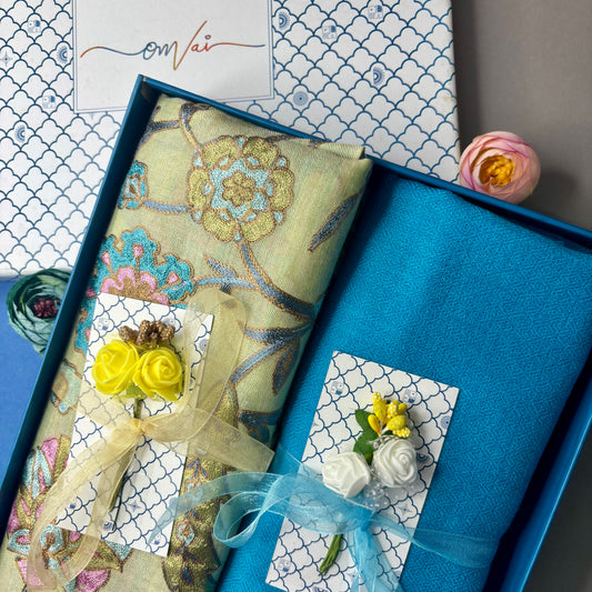 OMVAI Embroidery Pashmina Combo Gift Set in Pure Cashmere wool - Artichoke Embroidered Stole with Powder Blue Solid Stole (Set of 2 - For HIM and for HER)