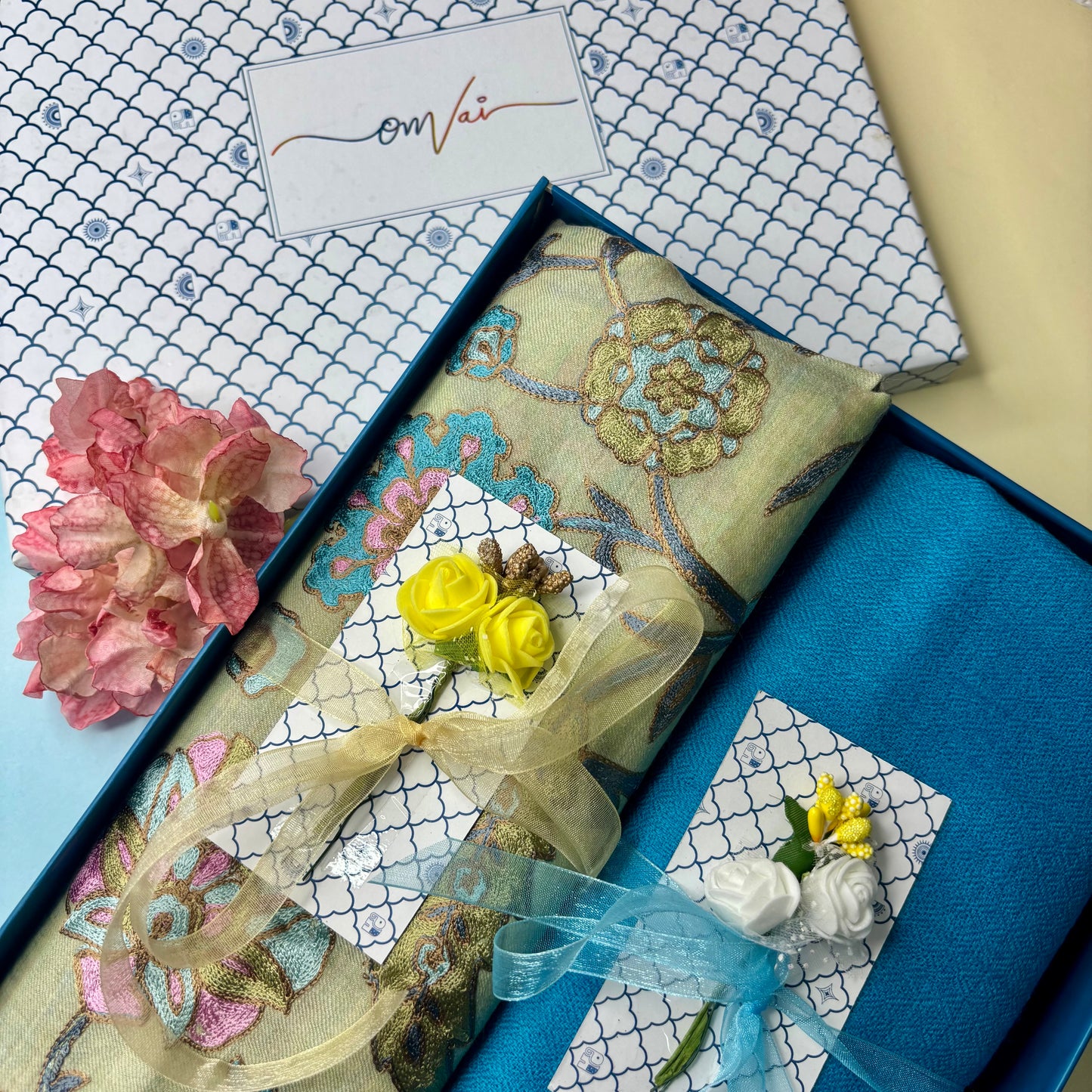 OMVAI Embroidery Pashmina Combo Gift Set in Pure Cashmere wool - Artichoke Embroidered Stole with Powder Blue Solid Stole (Set of 2 - For HIM and for HER)