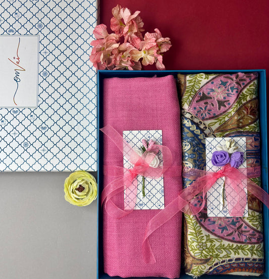 OMVAI Pashmina Combo Gift Set in Pure Cashmere wool - Pretty Pink Kalamkari Kani with Embroidery and solid (Set of 2 - For HIM and for HER)