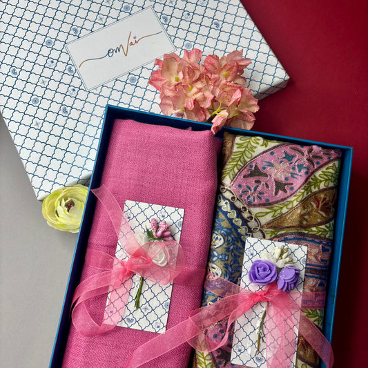 OMVAI Pashmina Combo Gift Set in Pure Cashmere wool - Pretty Pink Kalamkari Kani with Embroidery and solid (Set of 2 - For HIM and for HER)