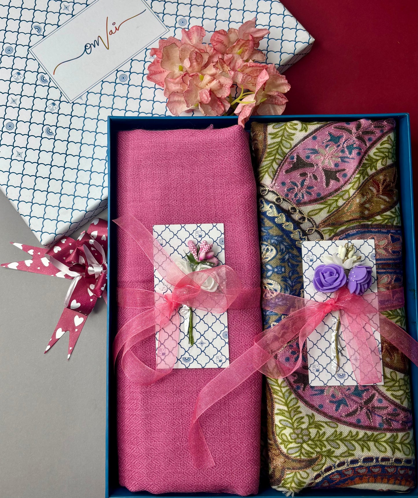 OMVAI Pashmina Combo Gift Set in Pure Cashmere wool - Pretty Pink Kalamkari Kani with Embroidery and solid (Set of 2 - For HIM and for HER)
