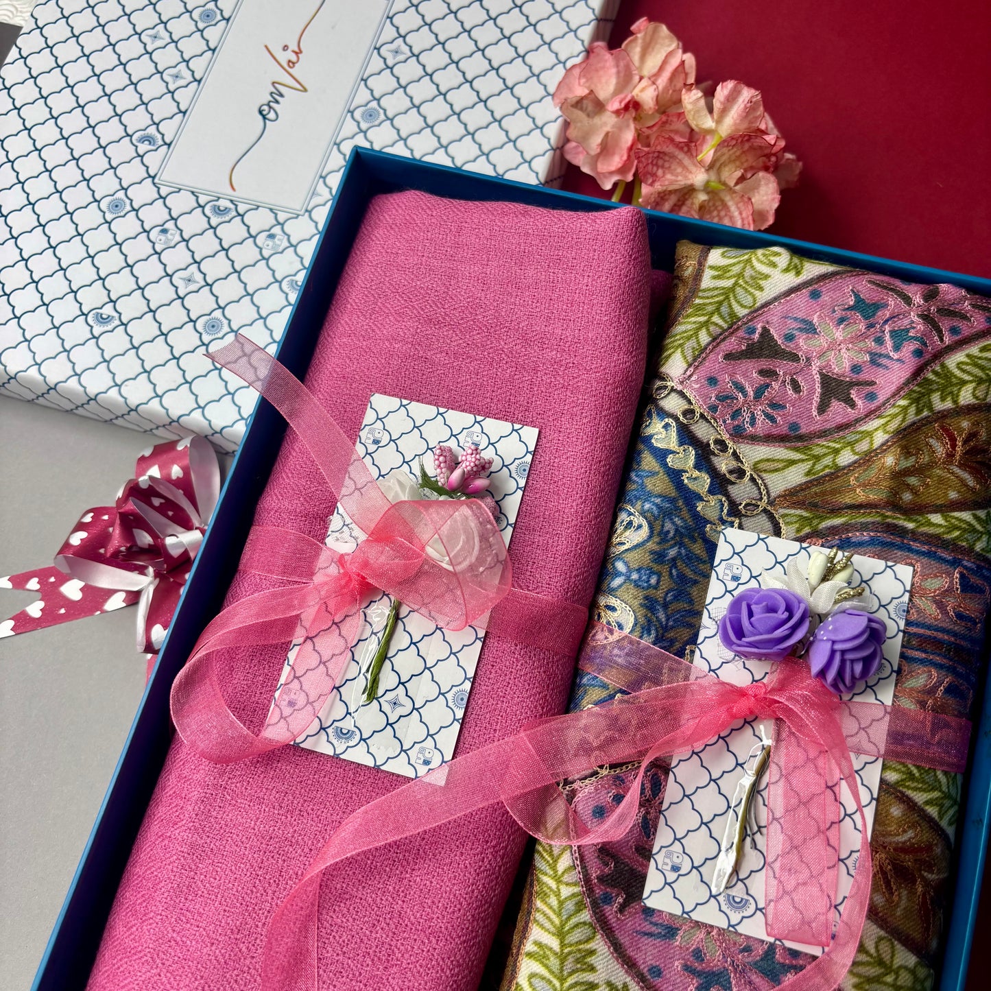 OMVAI Pashmina Combo Gift Set in Pure Cashmere wool - Pretty Pink Kalamkari Kani with Embroidery and solid (Set of 2 - For HIM and for HER)
