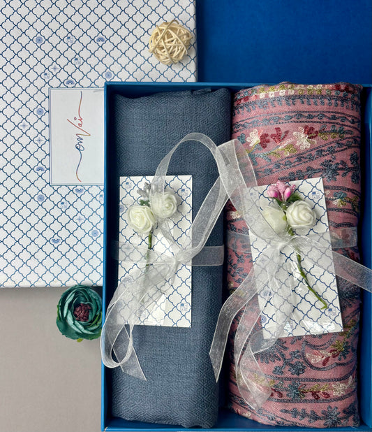 OMVAI Embroidery Pashmina Combo Gift Set in Pure Cashmere wool - Blush Pink Embroidered Stole with Steel Blue Solid Stole (Set of 2 - For HIM and for HER)