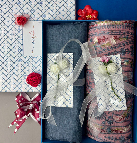 OMVAI Embroidery Pashmina Combo Gift Set in Pure Cashmere wool - Blush Pink Embroidered Stole with Steel Blue Solid Stole (Set of 2 - For HIM and for HER)