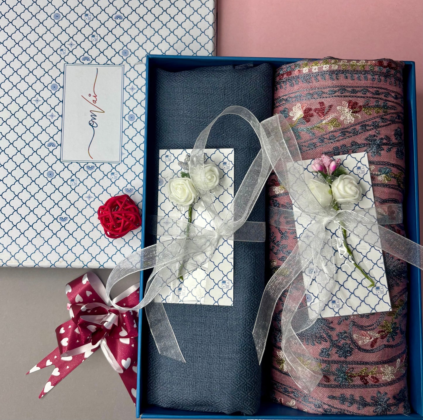 OMVAI Embroidery Pashmina Combo Gift Set in Pure Cashmere wool - Blush Pink Embroidered Stole with Steel Blue Solid Stole (Set of 2 - For HIM and for HER)