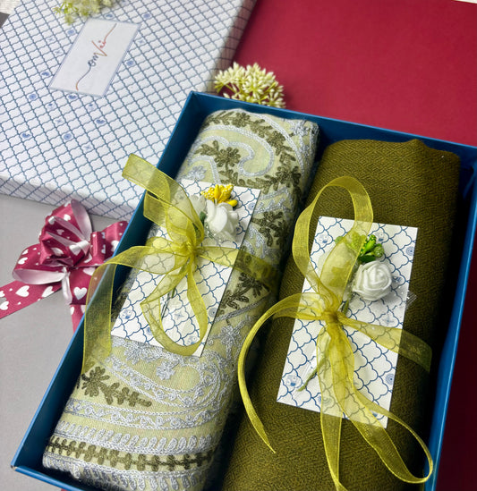 OMVAI Embroidery Pashmina Combo Gift Set in Pure Cashmere wool - Artichoke Embroidered Stole with Sage Green Solid Stole (Set of 2 - For HIM and for HER)