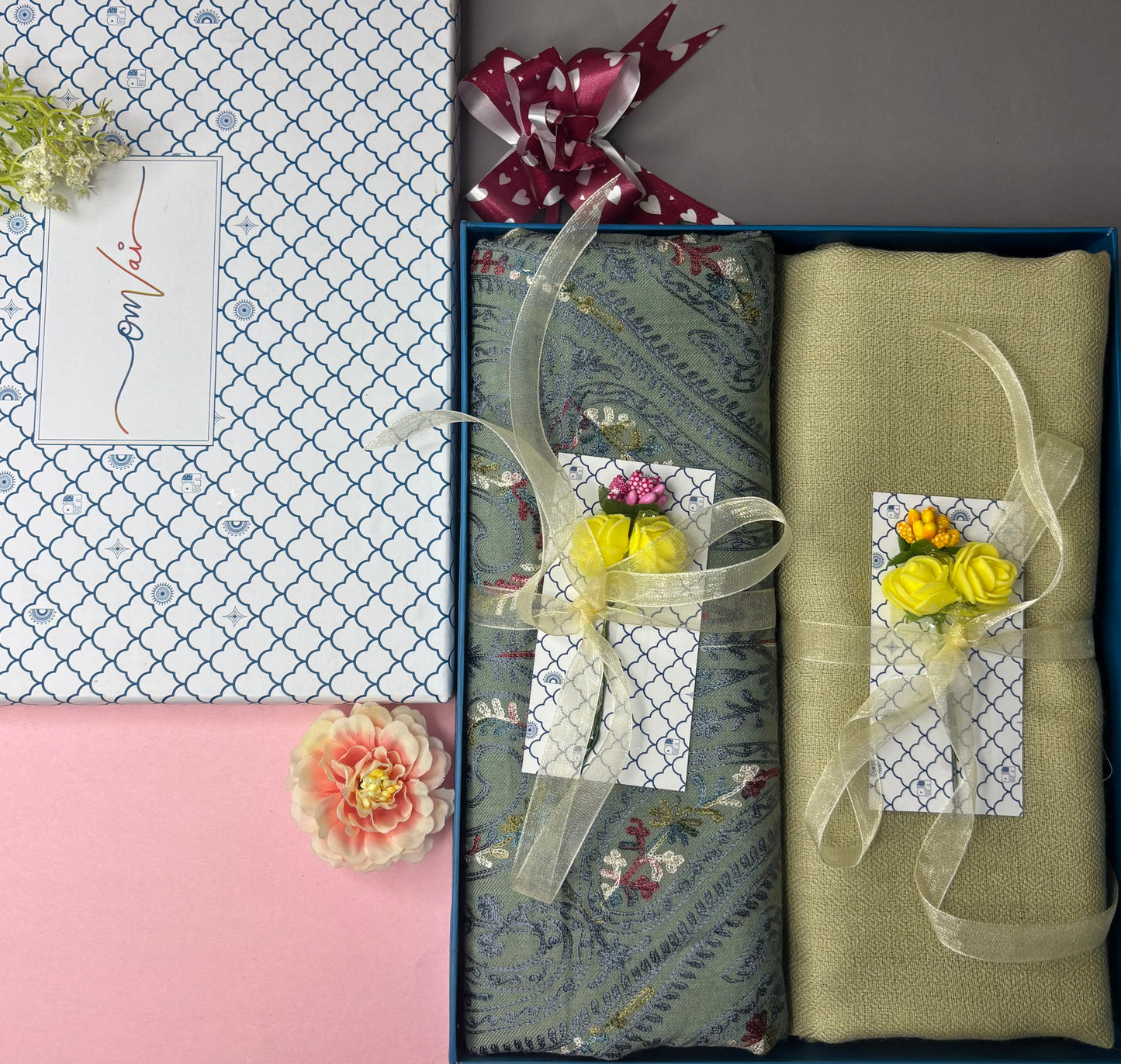 OMVAI Embroidery Pashmina Combo Gift Set in Pure Cashmere wool - Sage Embroidered Stole with Artichoke Solid Stole (Set of 2 - For HIM and for HER)