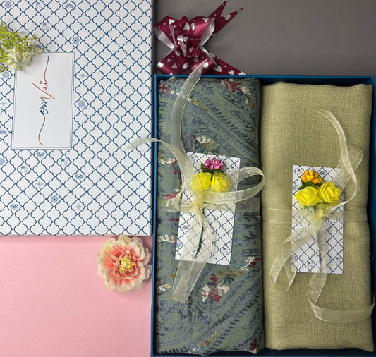 OMVAI Embroidery Pashmina Combo Gift Set in Pure Cashmere wool - Sage Embroidered Stole with Artichoke Solid Stole (Set of 2 - For HIM and for HER)