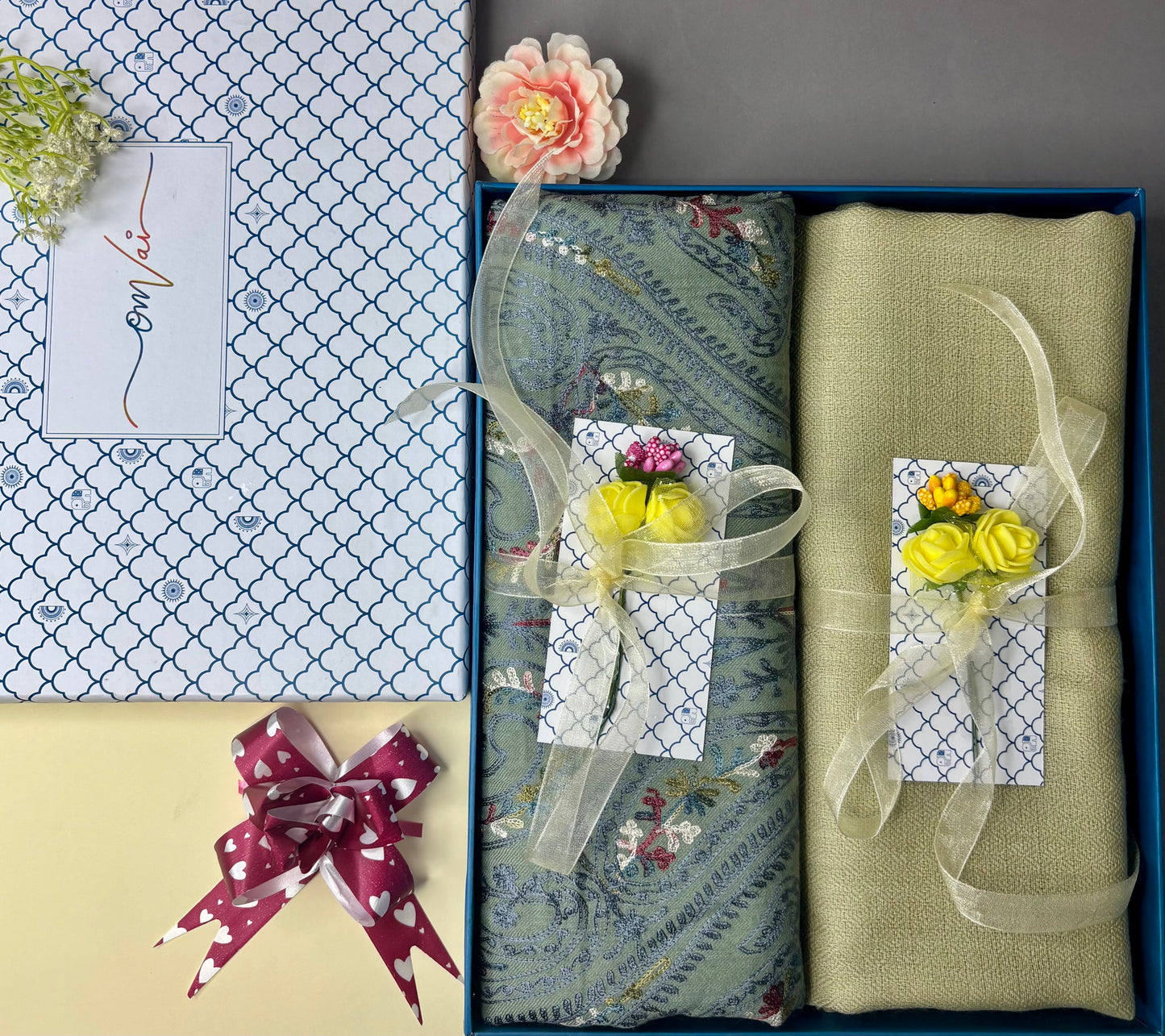 OMVAI Embroidery Pashmina Combo Gift Set in Pure Cashmere wool - Sage Embroidered Stole with Artichoke Solid Stole (Set of 2 - For HIM and for HER)