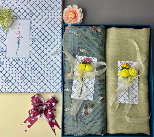 OMVAI Embroidery Pashmina Combo Gift Set in Pure Cashmere wool - Sage Embroidered Stole with Artichoke Solid Stole (Set of 2 - For HIM and for HER)