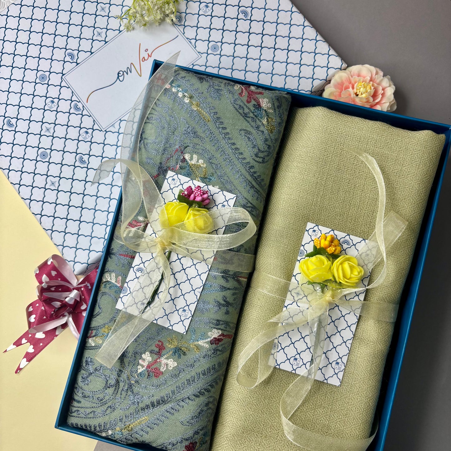 OMVAI Embroidery Pashmina Combo Gift Set in Pure Cashmere wool - Sage Embroidered Stole with Artichoke Solid Stole (Set of 2 - For HIM and for HER)