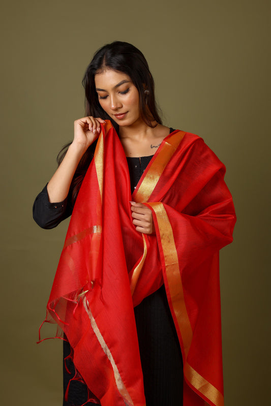 OMVAI Golden Border Chanderi Silk Dupatta - Royal Red