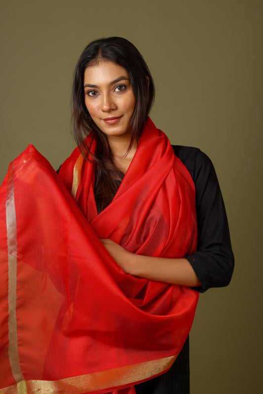 OMVAI Golden Border Chanderi Silk Dupatta - Royal Red