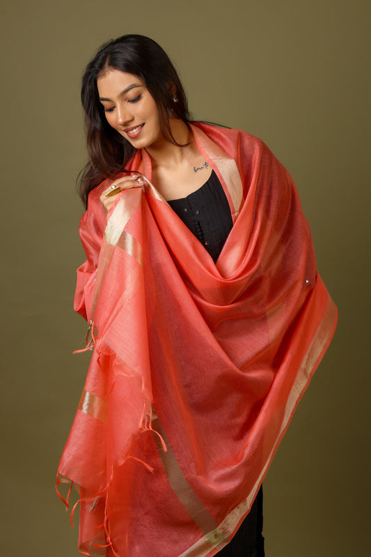 OMVAI Golden Border Chanderi Silk Dupatta - Coral