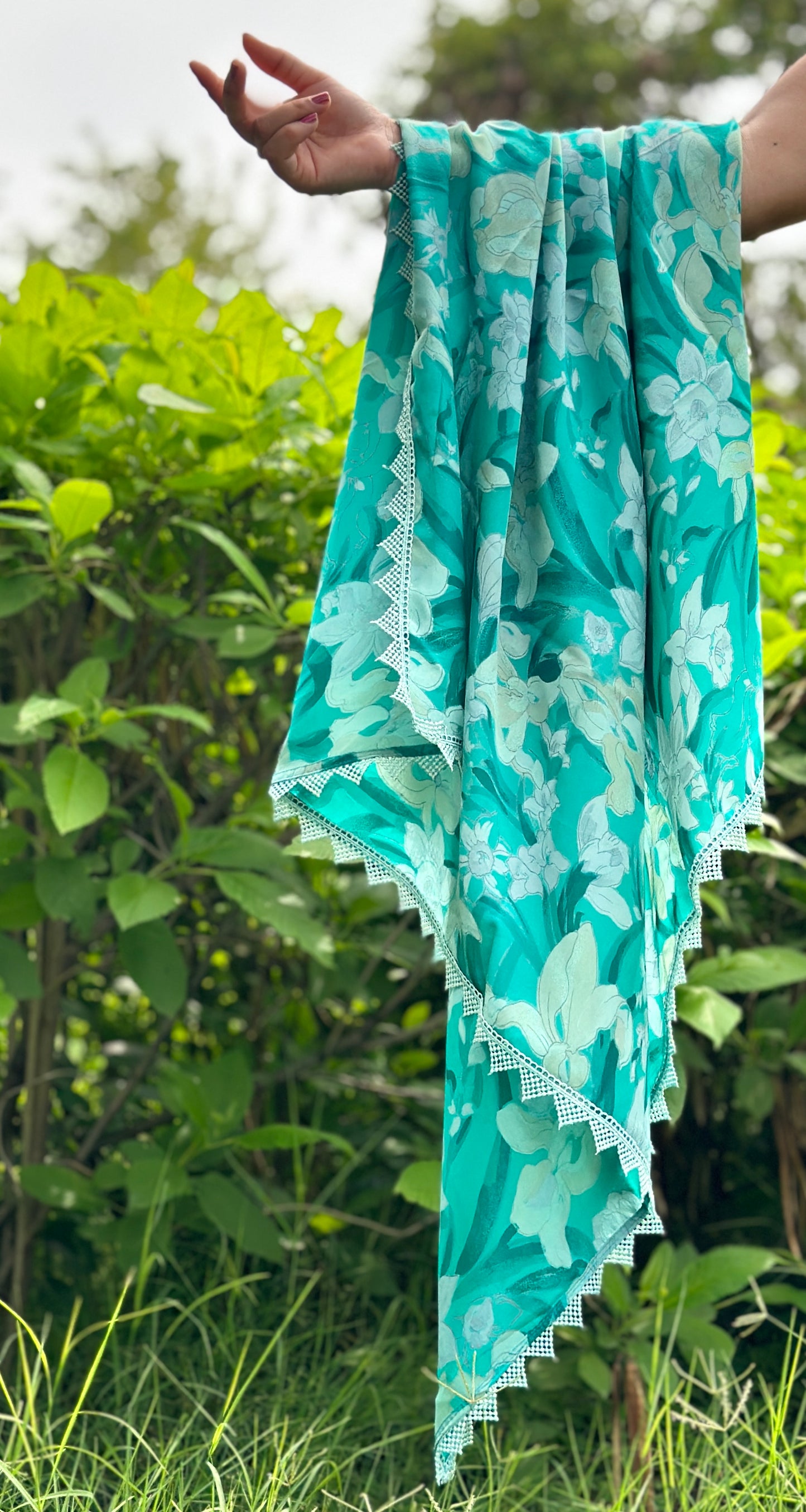 OMVAI Ivy Flower Crepe Silk Scarf -  Teal