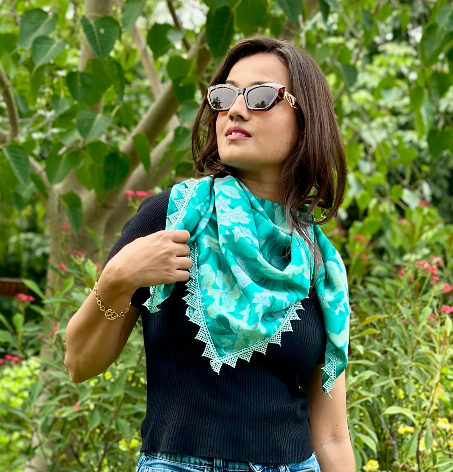 OMVAI Ivy Flower Crepe Silk Scarf -  Teal