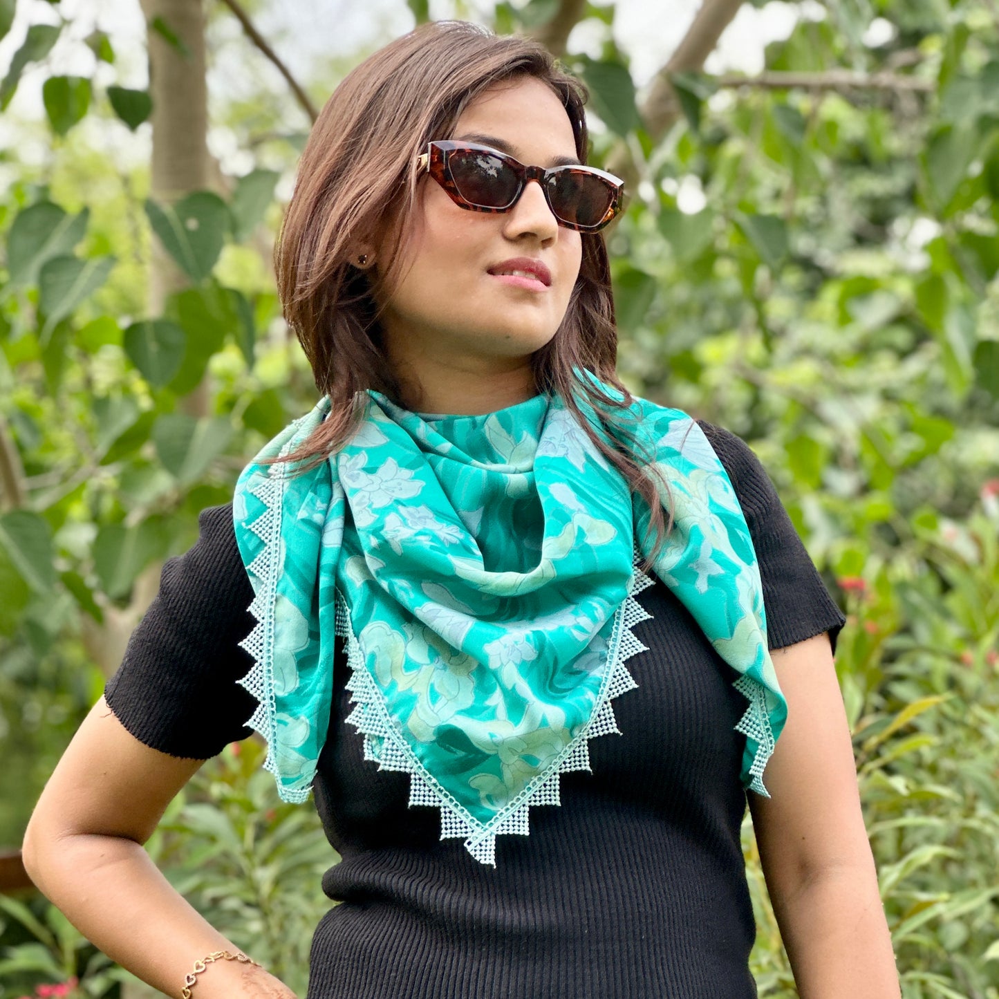 OMVAI Ivy Flower Crepe Silk Scarf -  Teal