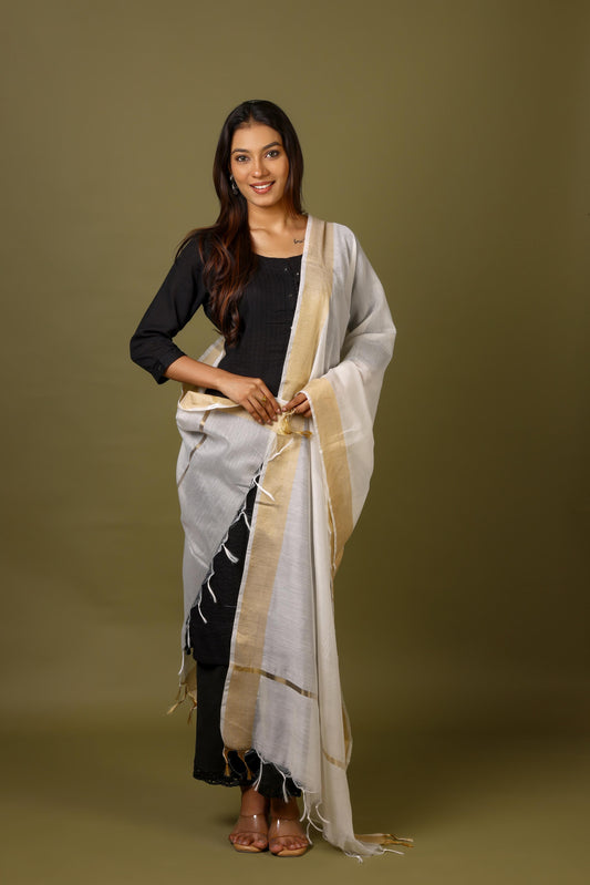 OMVAI Golden Border Chanderi Silk Dupatta - Pure White