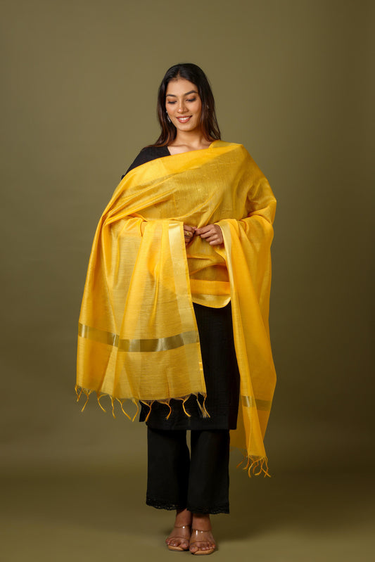 OMVAI Golden Border Chanderi Silk Dupatta - Sunshine Yellow